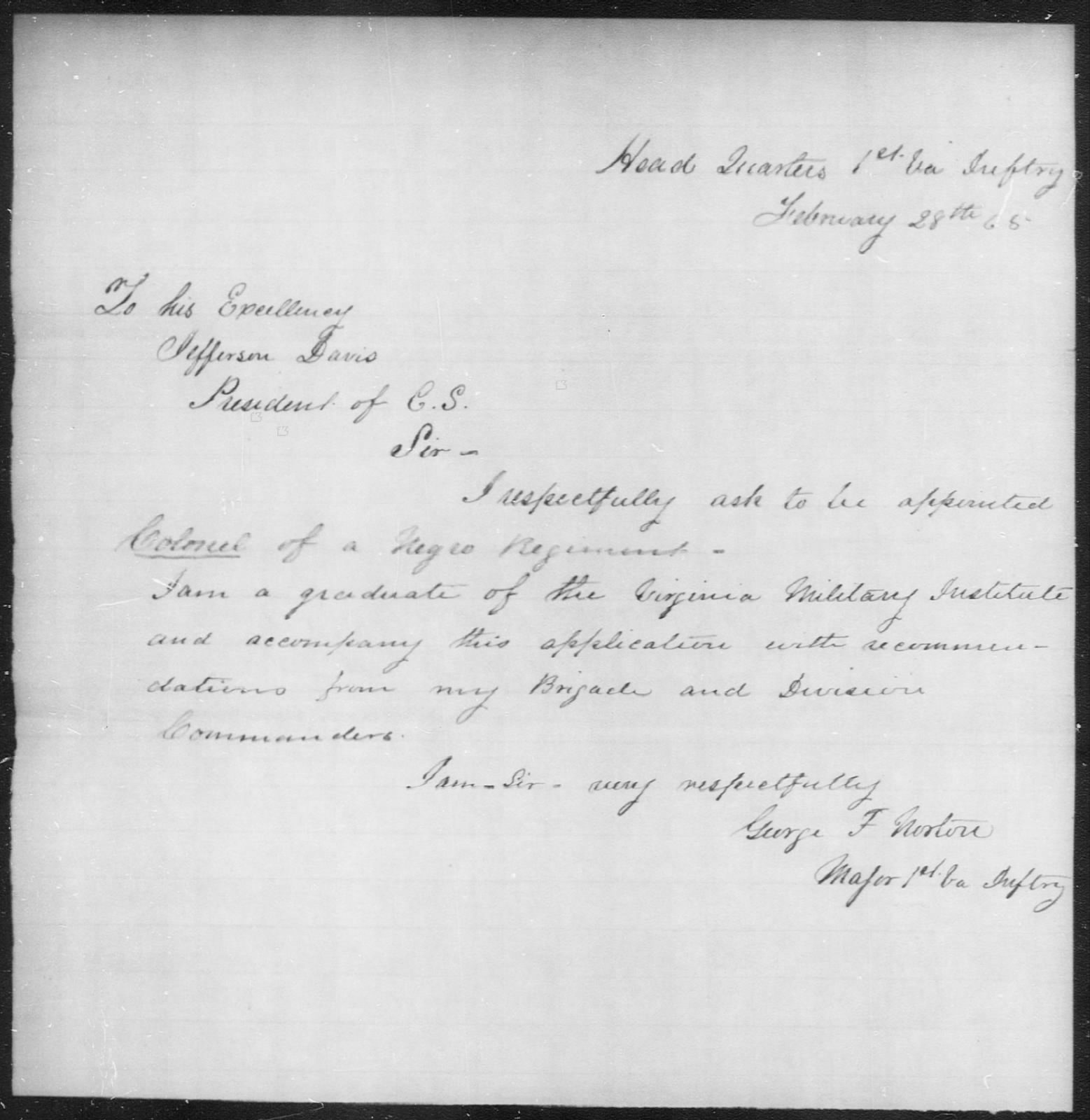 Major Norton to President Davis, February 1865