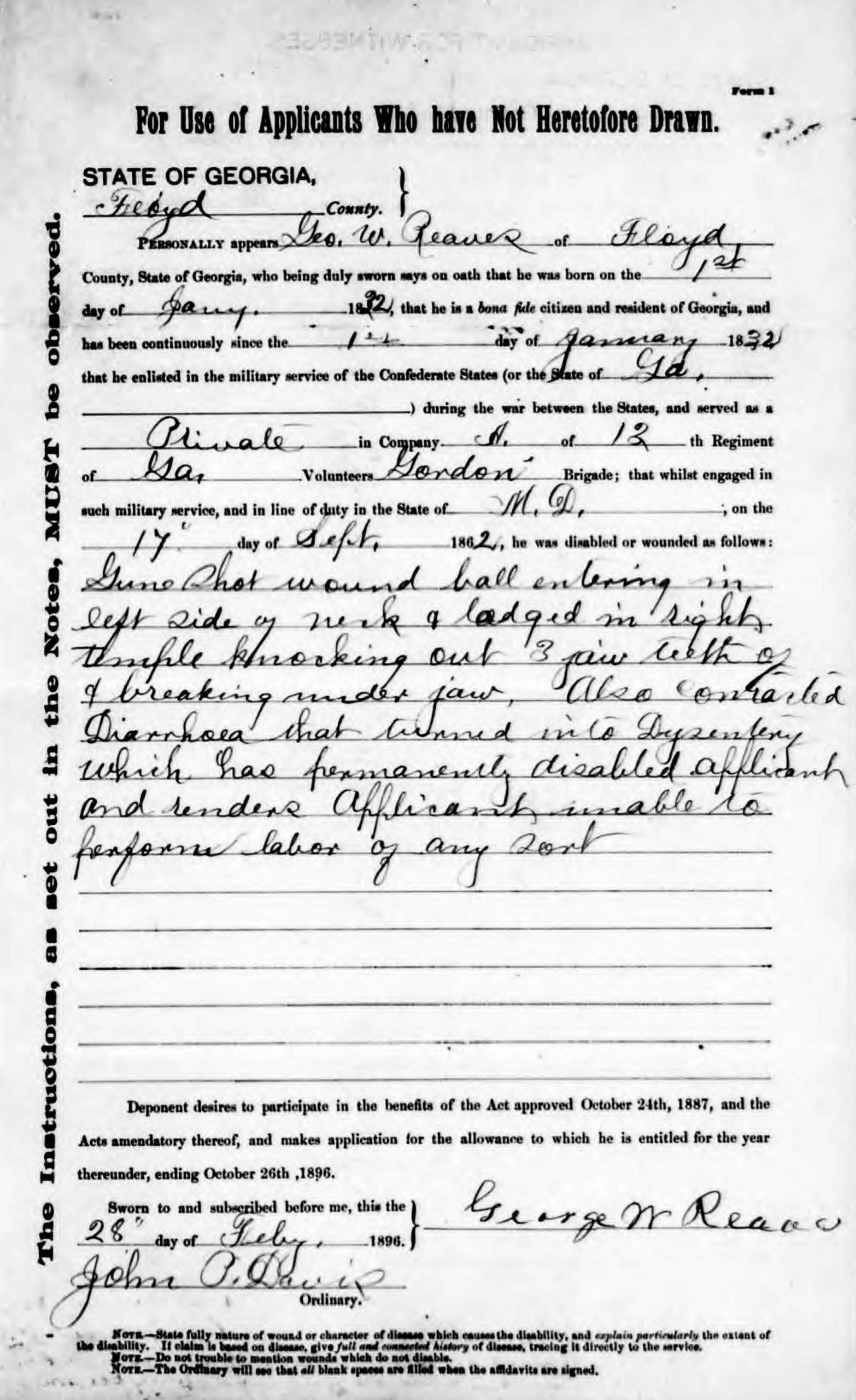 George W Reaves’ pension application (1896)