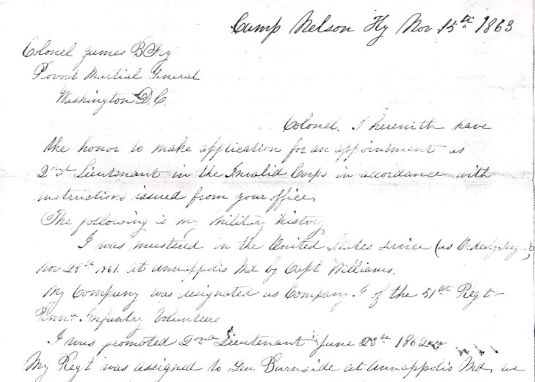 Lt Mark R Supplee, 51st PA to Col James B Fry (1863)