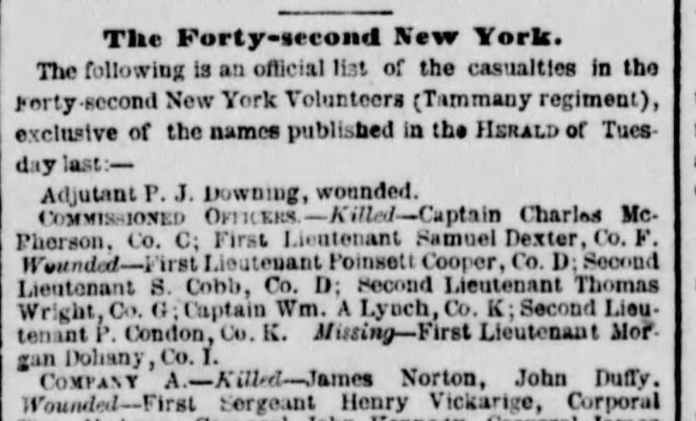 Casualty list, 42nd New York Infantry at Antietam