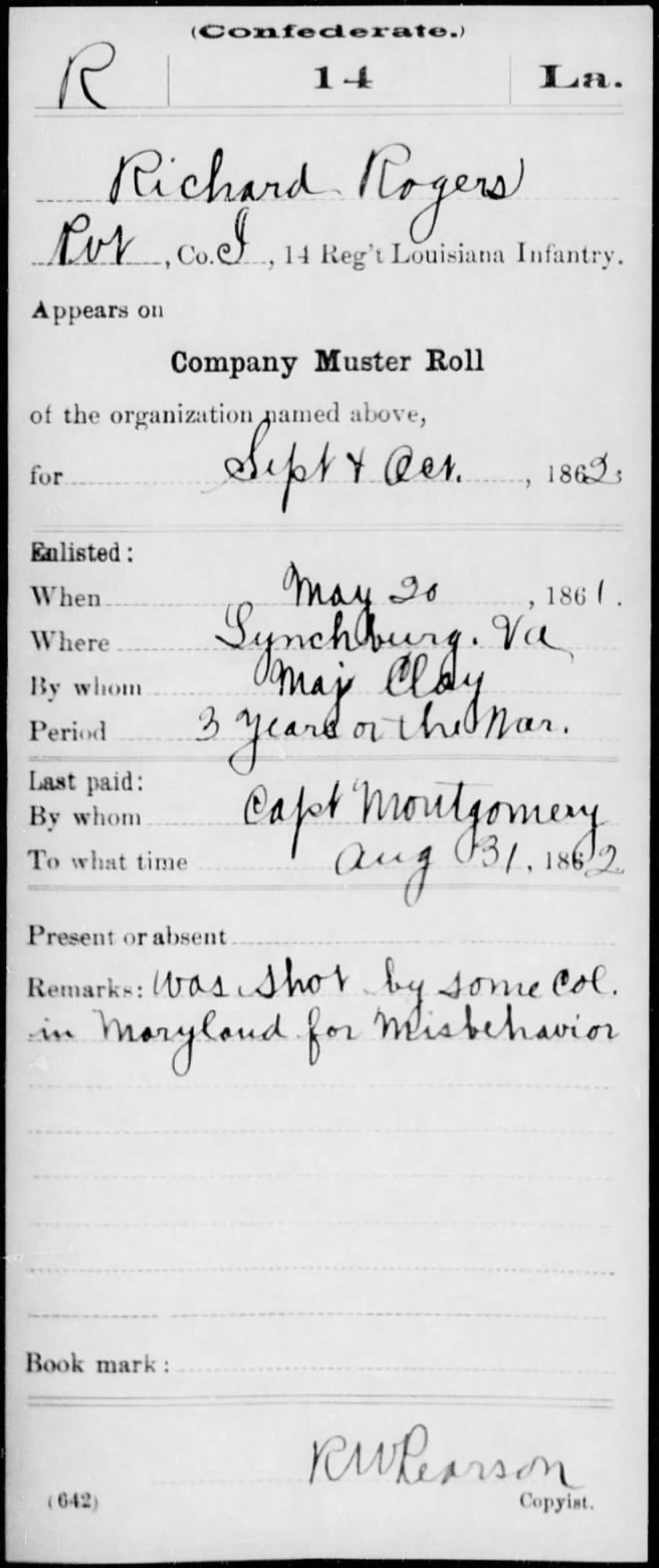 Shot by some Col. for misbehavior