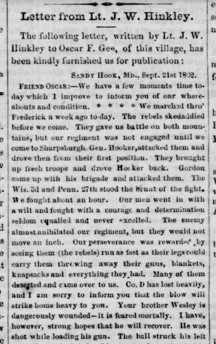 Letter from Lt. J.W. Hinkley (1862)